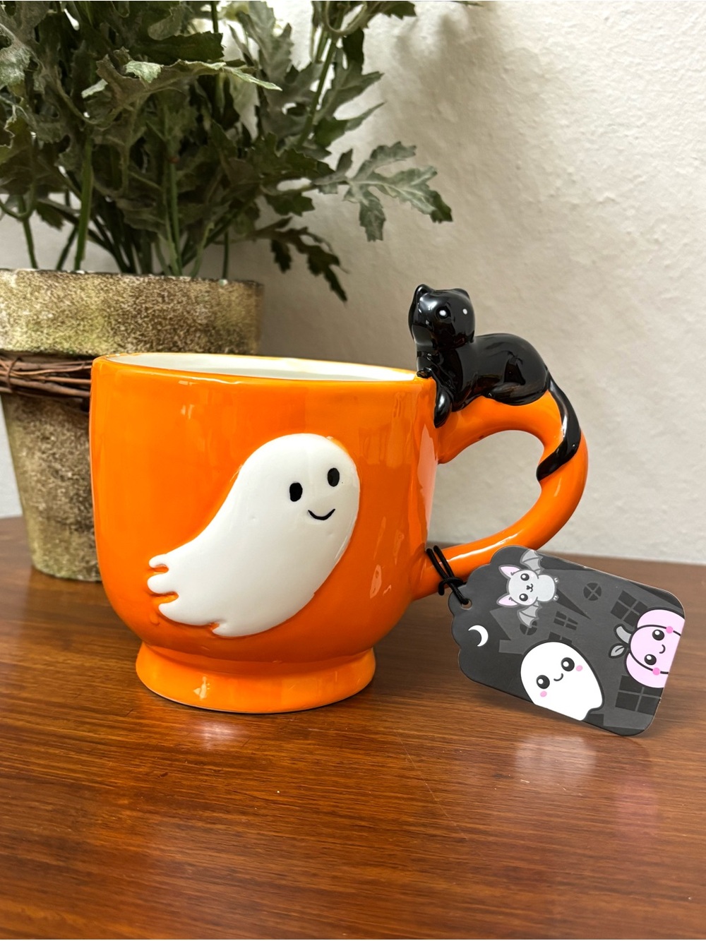 HALLOWEEN BABY GHOST + BLACK WITCH CAT KAWAII CERAMIC MUG 20 oz ORANGE 2026 NEW